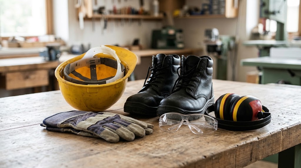 Schutzhelm, Sicherheitsschuhe, Schutzhandschuhe, Schutzbrille und Kapselgehörschutz auf einer Werkbank in einer Holzwerkstatt