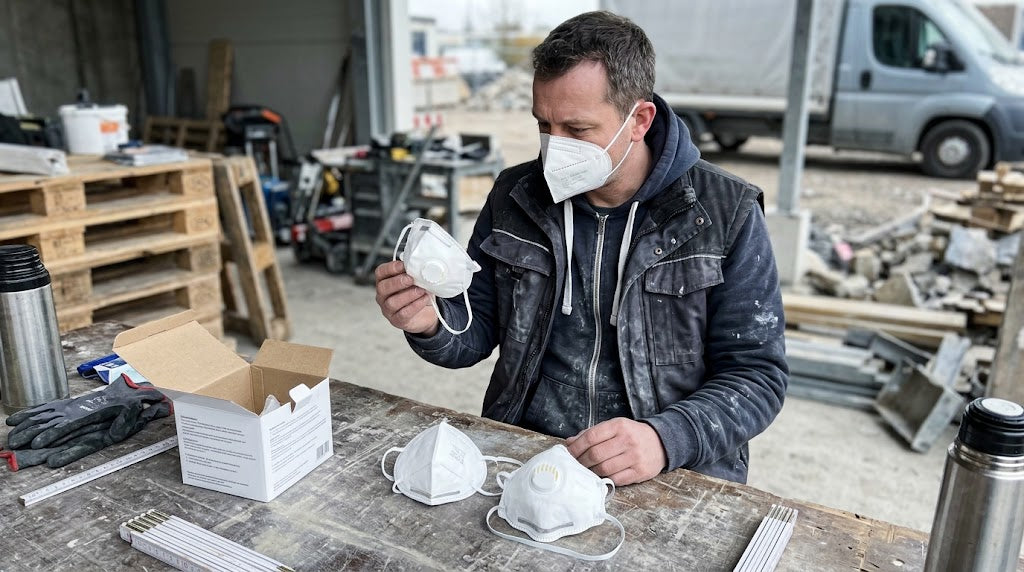 Mitarbeiter hält eine FFP-Maske in der Hand, auf dem Tisch liegen weitere Atemschutzmasken und eine Verpackung