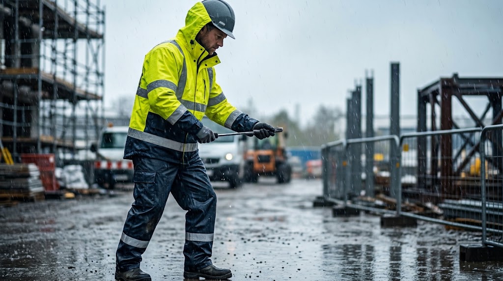 Bauarbeiter in gelber Warnschutzjacke mit Kapuze und Schutzhelm geht bei Regen über eine nasse Baustelle