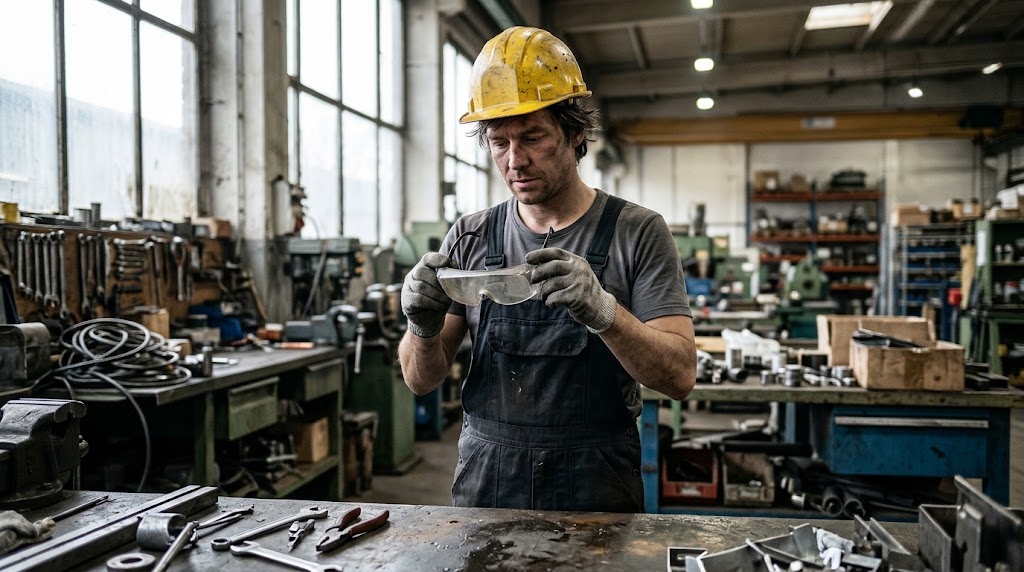 Arbeiter mit gelbem Schutzhelm und Arbeitshandschuhen prüft eine Schutzbrille in einer Werkhalle