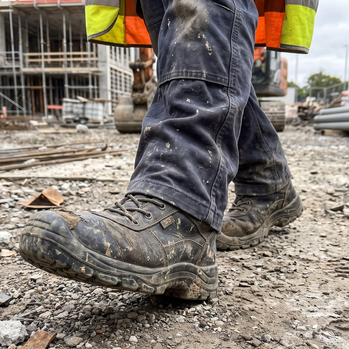 Verschmutzter Sicherheitsstiefel mit Profilsohle auf einer Baustelle mit Schotter, Gerüst und Bagger im Hintergrund