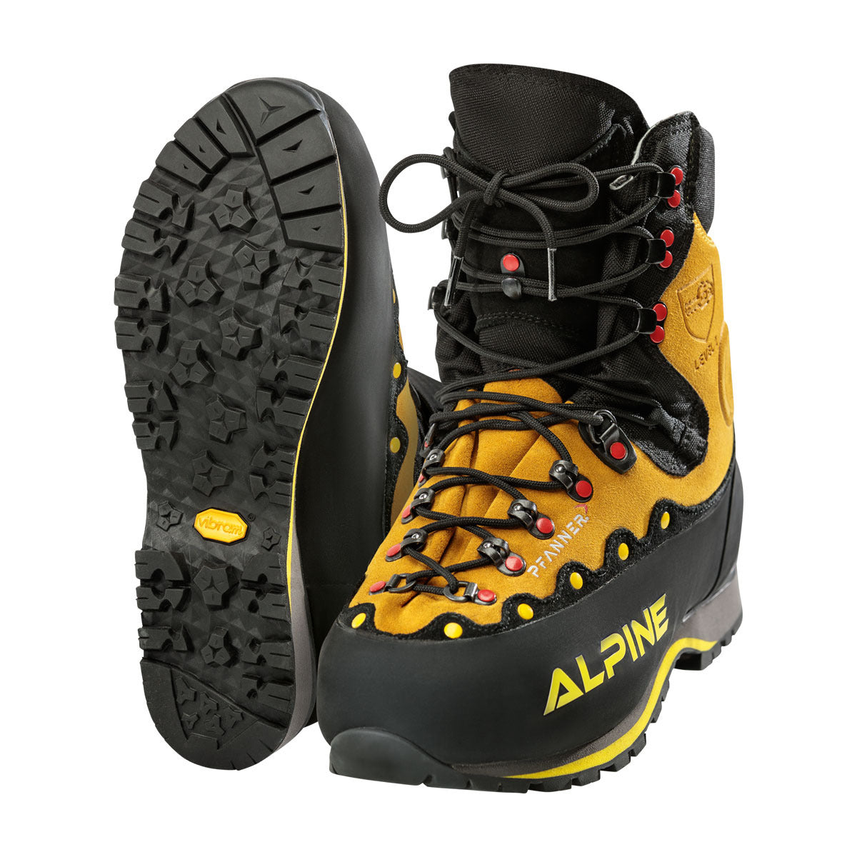 Schnittschutzschuh Pfanner® Zugspitze Alpine Klasse 2 – schwarz/gelb, Seitenansicht mit Sohle